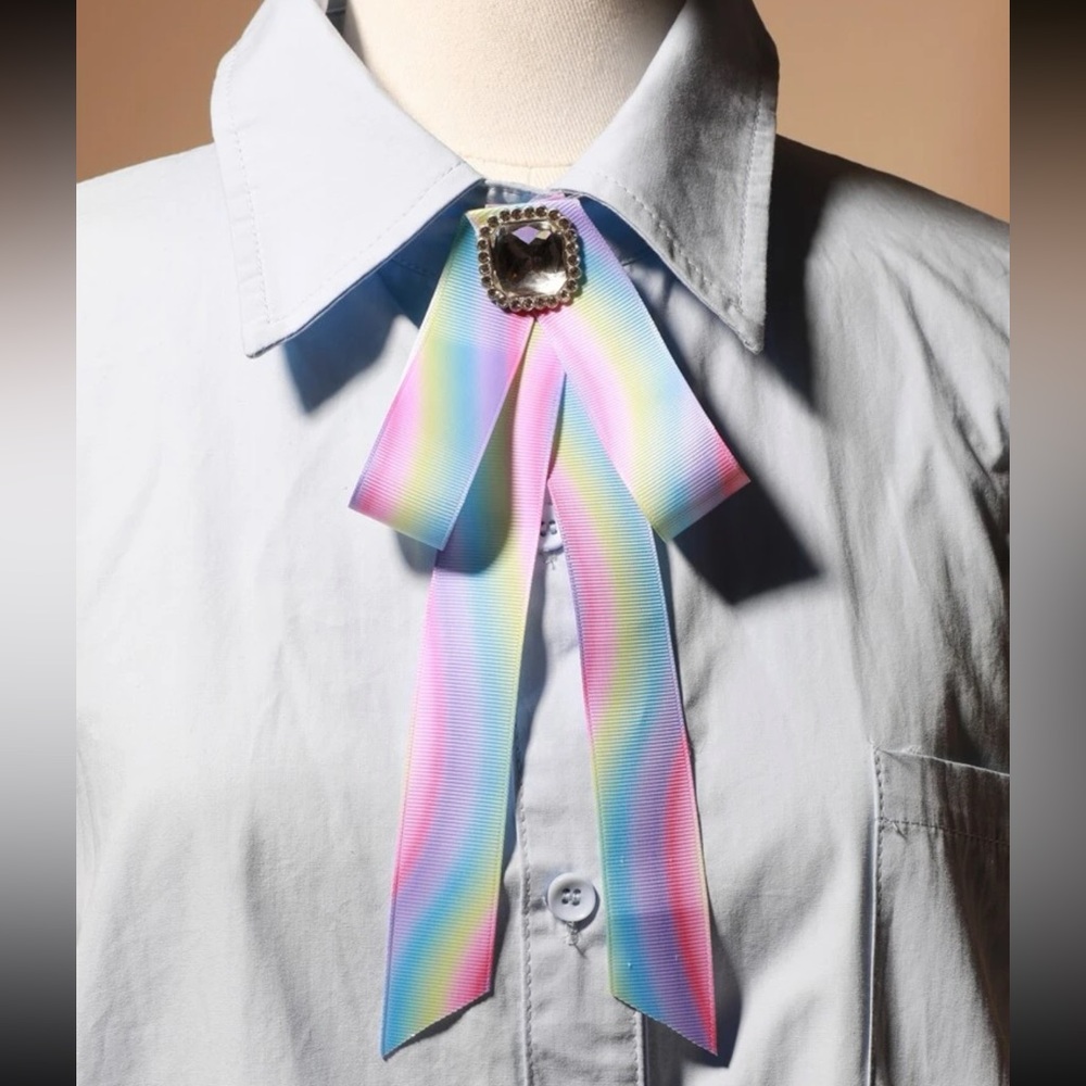 ๐ฉท Awesome Colorful Rainbow Stripe Rhinestone Ribbon Bow Long Brooch Pin ๐ฉต